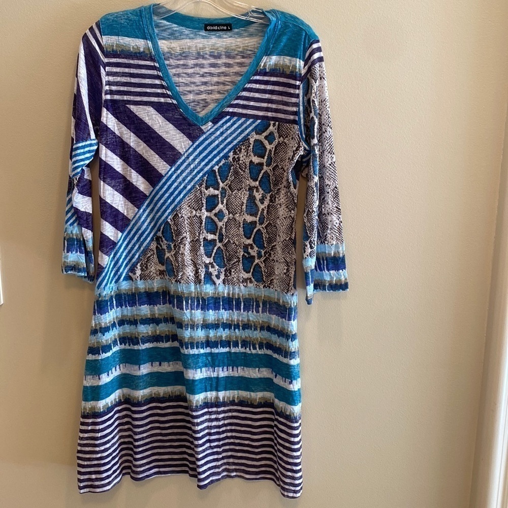 David Cline Long Sleeve Blue Black Navy Aqua Stripe Snake T-Shirt Dress Large
